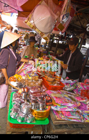 Vertical view of a stall selling traditional Vietnamese gifts and handicrafts at the daily market in Hoi An Old Town, Vietnam. Stock Photo