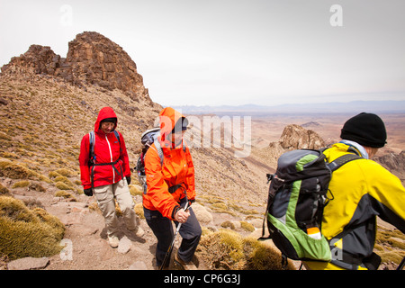 Trekkers on Jebel Serwa in the Anti Atlas of Morocco. Stock Photo