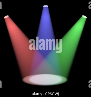 Multicolored Spotlights Shining On A Small Stage With Black Background Stock Photo