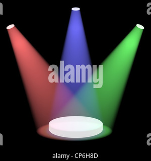 Red Blue And Green Spotlights Shining On Small Stage With Black Background Stock Photo