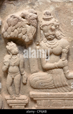 Carved Cham stone relief exhibit at My Son, Quang Nam province, Vietnam Stock Photo