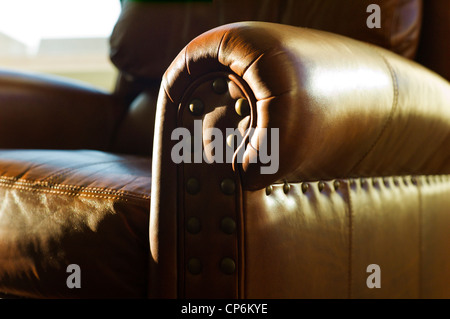 Close up photograph of sunlight on a fine leather recliner seat Stock Photo