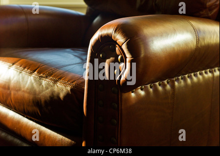 Close up photograph of sunlight on a fine leather recliner seat Stock Photo