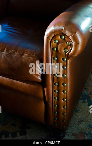 Close up photograph of sunlight on a fine leather recliner seat Stock Photo
