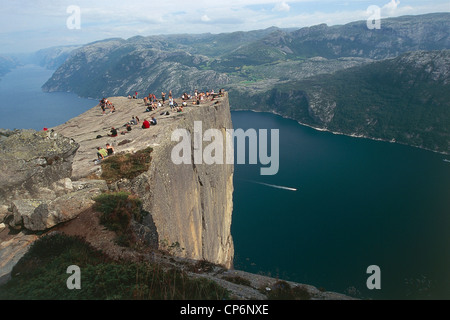 Norway - Rogaland County - Lysefjord. Panorama from Preikenstolen (Pulpit Rock), block of granite overhanging the fjord Stock Photo