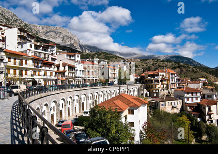 Central street of Arachova - one of the most modern winter skiing resorts in Greece, Mount Parnassus Stock Photo