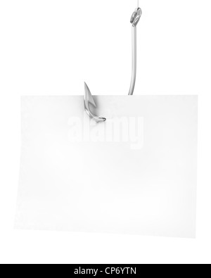 Blank note paper on a fishing hook, isolated on white background Stock Photo