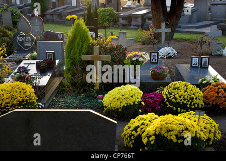 Flowers on graves at the Campo Santo cemetery in Sint-Amandsberg near Ghent, Belgium Stock Photo