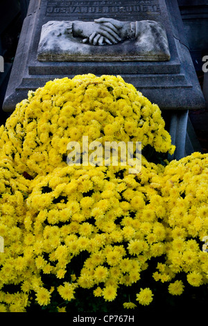 Flowers on graves at the Campo Santo cemetery in Sint-Amandsberg near Ghent, Belgium Stock Photo