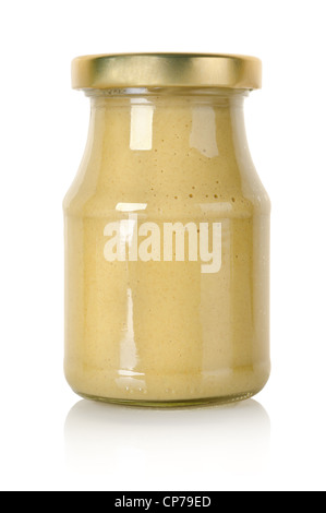 Glass jar of mustard isolated on a white background Stock Photo