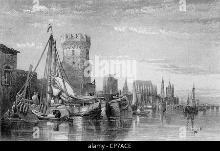 Engraving of medieval city of Cologne waterfront on river Rhine, Germany. Engraved by William Miller in 1845. Stock Photo