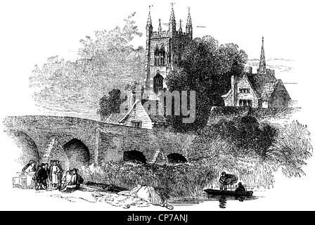 Engraving of Evesrham Village bridge over River Avon with church in background, Worcestershire, England. Stock Photo