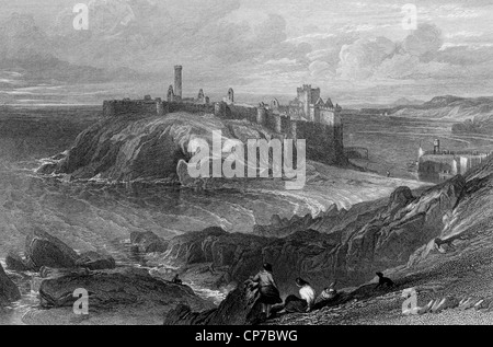 Engraving of Peel Castle on Isle of Man Stock Photo