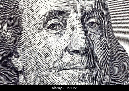Macro close up of Ben Franklin's face on the US $100 dollar bill. Stock Photo