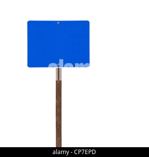 Tall isolated blue road sign on a wooden post. Stock Photo