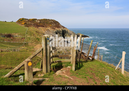 Kissing gate on the Isle of Anglesey Coastal Path with view along rocky coast. Llaneilian, Anglesey, North Wales, UK. Stock Photo