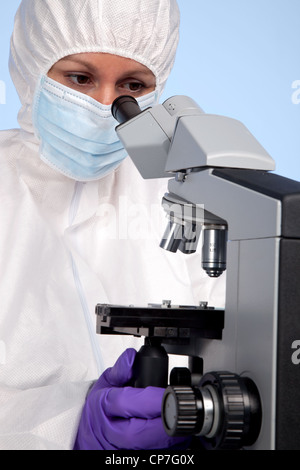 Photo of a biochemist looking through a stereo optical laboratory microscope at a specimen on a slide. Stock Photo