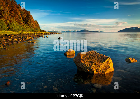 Scenic evening view of Bartlett Cove and moored fishing boats, Glacier ...