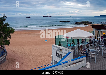 Terrace of a bar on the beach of Sardinero, Santander city, Cantabria, Spain, Europe, EU. Stock Photo