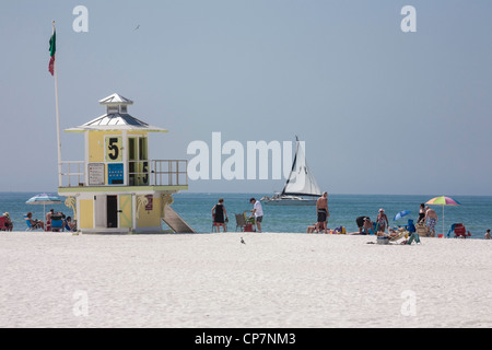 Lifeguard stand and sunbathers, Clearwater beach, FL Stock Photo