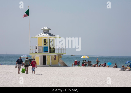 Lifeguard stand and sunbathers, Clearwater Beach, FL Stock Photo
