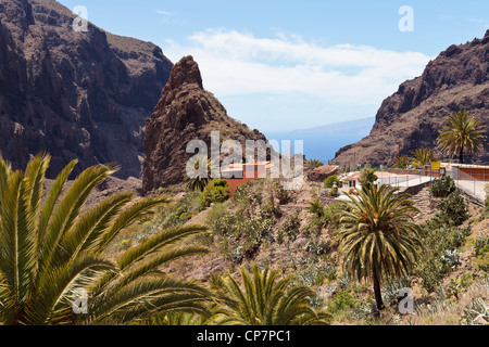 Masca village in the barranco of Masca on the Teno massif in Tenerife, Canary Islands, Spain, La gomera on the horizon Stock Photo