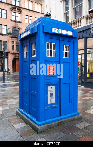 traditional blue police callbox in merchant city glasgow Scotland UK Stock Photo