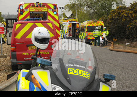 Emergency service vehicles at a major incident exercise Stock Photo