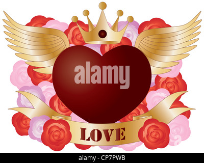 Flying Red Heart with Banner and Roses Illustration Stock Photo