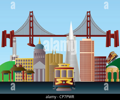 San Francisco California City Skyline with Golden Gate Bridge Illustration Stock Photo