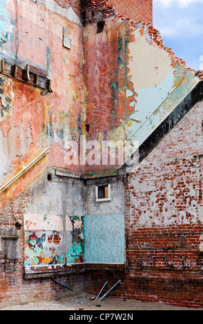 Interior walls and structure of the historic Unique Theater are exposed in partial decay, Salida, Colorado, USA Stock Photo