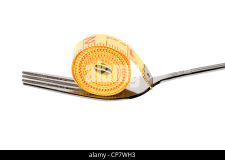 Tape Measure and fork, concept of diet Stock Photo