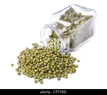 green mung scattered on a white background from glass jar