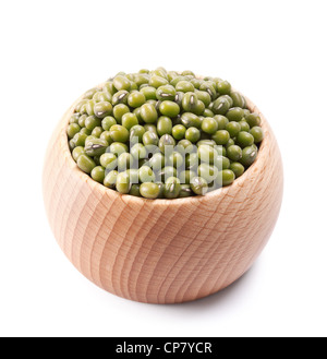 wooden bowl full of green mung beans isolated on white background