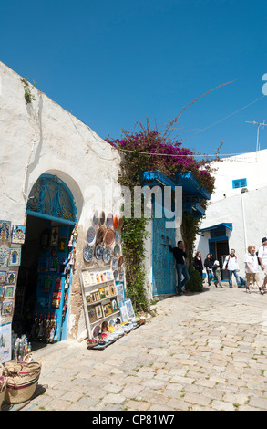 Sidi Bou Said, Tunisia- Typical street scene in the tiny village of Sidi Bou Said, north of Tunisia. Stock Photo