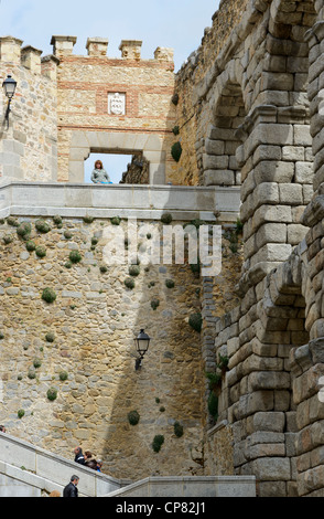Detail of the roman aqueduct end at Plaza del Azoguejo (Segovia, Spain) Stock Photo