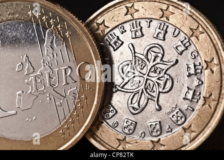 Front and back of a Portuguese € coin in close up. Stock Photo