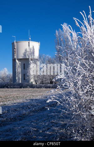 Water tower and hoar frost Cambridgeshire Stock Photo