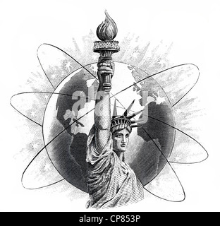 Detail of the vignette, historic stock certificate, Statue of Liberty with a globe, Georgia-Pacific Corporation, an American pul Stock Photo