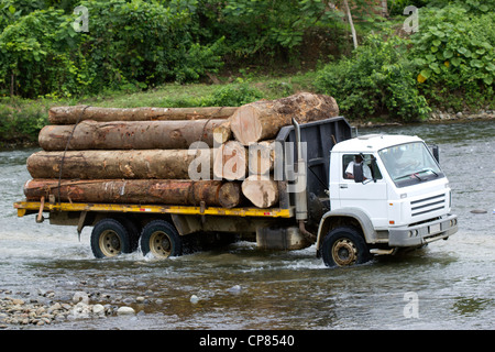 Logging truck taking timber out of the Amazon in Ecuador Stock Photo