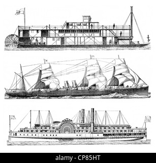 vessels powered by steam engines, steam vessels or steamers, 19th Century, Historische, zeichnerische Darstellung, Mit Dampfmasc Stock Photo