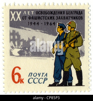 Historic postage stamps of the USSR, political motives, 20th Anniversary of the liberation of Yugoslavia, Belgrade from the Nazi Stock Photo