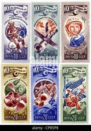 Historic postage stamps of the USSR, 20th Anniversary of the Space Age, the first man in space, Historische Briefmarke, zum 20. Stock Photo