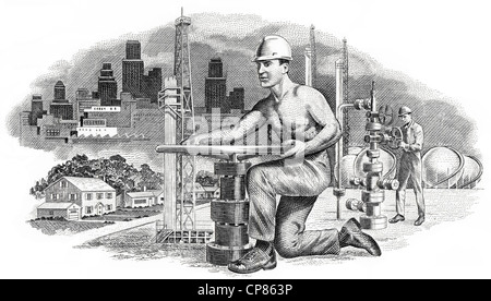 Illustration in the vignette of a historical stock certificate of an oil and gas company, a man opening a valve of a pipeline in Stock Photo