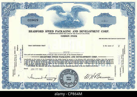 Historical stock certificate of Bradford Speed Packaging and Development Corporation, a manufacturer of packaging machines for f Stock Photo