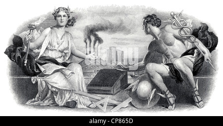Illustration in the vignette of a historical stock certificate, the Greek gods Olympia and Hermes sitting with a mechanical addi Stock Photo
