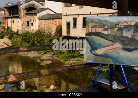 Painting on bridge over Longxi river and Hui style houses in ancient Chengkan village Huangshan Peoples Republic of China Stock Photo