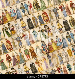 costumes, fashion, clothing, collage from antiquity to the 19th Century, Historische, zeichnerische Darstellung, Kostüme, Mode, Stock Photo