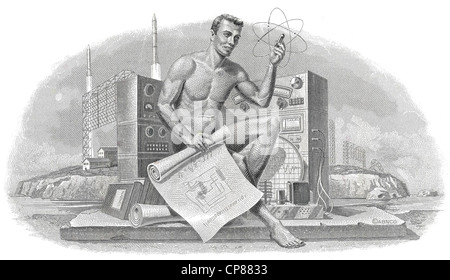 Historical stock certificate, detail of the vignette, a man with a technical drawing sitting in front of electronic devices, ele Stock Photo