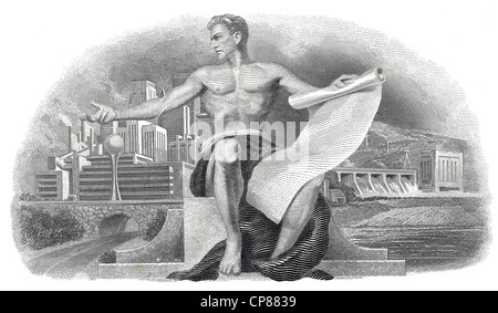 Historical stock certificate, detail of the vignette, allegorical depiction of a man with a roll of paper in front of a modern c Stock Photo